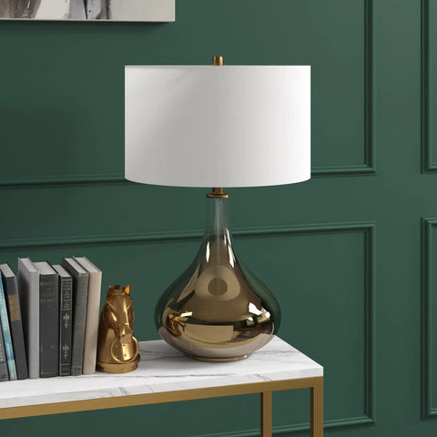 25.5 Inch Tall Table Lamp With White Fabric Shade And Smoked Chrome Glass Base, Sleek Modern Accent Light for living room display