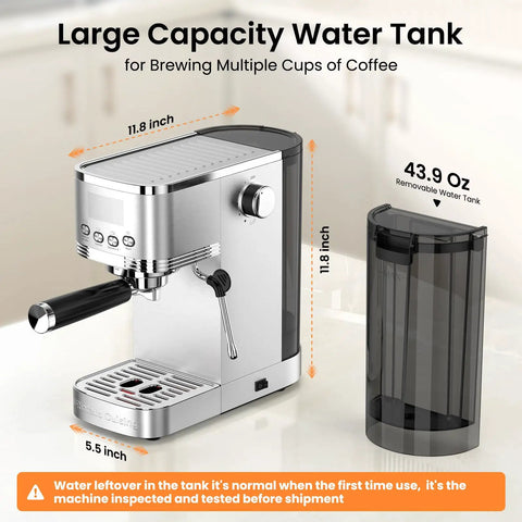 Adjustable Temperature Espresso Machine With Bright Led Display And Creamy Milk Frothing Wand with large removable water tank.