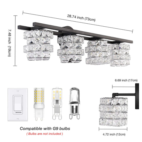 Black 4 Light Vanity Light Fixture With Crystal Shade Modern Wall Sconce dimensions and G9 bulb compatibility