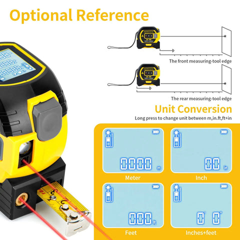 3 In 1 Digital Laser Tape Measure And Level Combo, 100m Laser Distance Meter With Cross Line Laser Level, 328ft Range, 16ft Digital Tape, Pro Grade Contractor Tool For Fast, Accurate Measurements On Job Sites. Unit conversion display and front/rear measuring edge diagrams