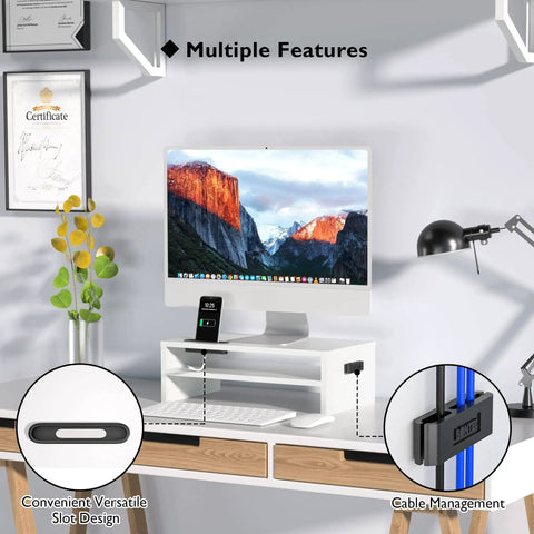 Wooden Monitor Stand Riser With Two Tier Desk Shelf And Cable Management Phone Holder And Eco Friendly White Finish Ergonomic Computer Desk Organizer To Reduce Strain For Home Office And Workstation 16.5 Inch with computer setup