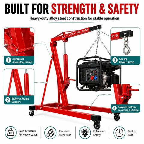 5000 Lbs Folding Engine Hoist Cherry Picker Crane Hydraulic Pump Heavy Duty Alloy Steel Frame, showing A-frame support and secure hook