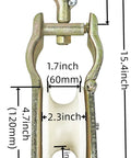 Front view of Workhorse Heavy Duty Cable Pulley Bracket For Low Voltage And Network Installations, Steel Mount With Nylon Wheel, shown with measurements.