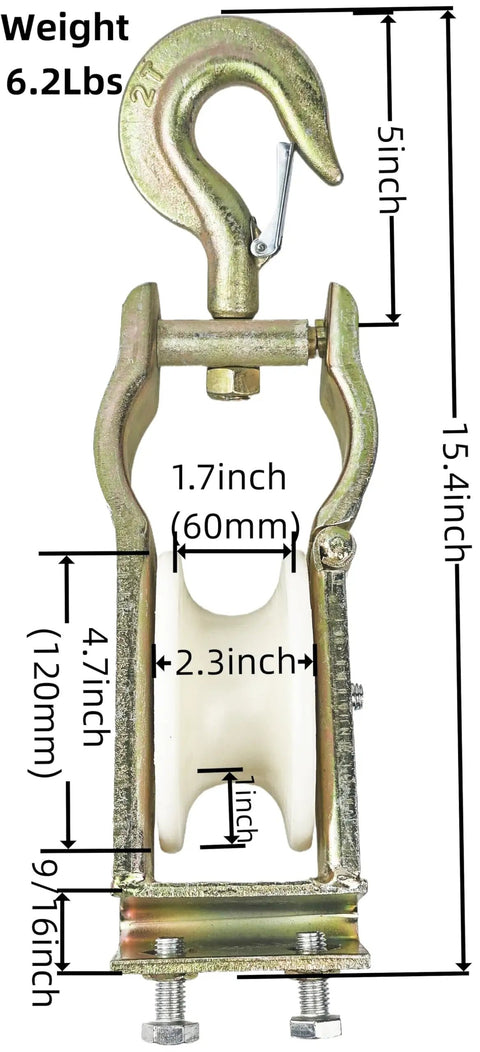 Front view of Workhorse Heavy Duty Cable Pulley Bracket For Low Voltage And Network Installations, Steel Mount With Nylon Wheel, shown with measurements.