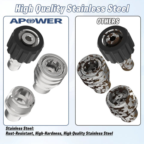 APOWER stainless steel pressure washer quick-connect kit, 9 pcs, M22-14mm to 3/8 in male/female adapters