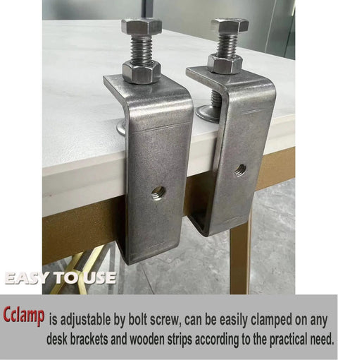 Two 304 stainless steel C-clamps, front view, with 85mm wide jaws on a desk edge