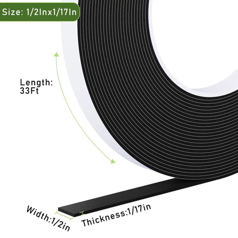 Heavy Duty Black Weather Stripping Door Seal With Super Strong Self Adhesive High Density Foam Tape For Windows And Doors Tight Soundproof Gap Filler Roll, measuring 1/2 inch wide and 33ft long.
