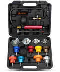 Streetwise 14 Piece Coolant Pressure Tester Kit With Manual Pump Radiator Leak Down Diagnostic Tool And Universal Adapters for various vehicles in open case.