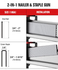 Diagram showing sizes for Two In One Pneumatic Brad Nailer And Crown Stapler Kit with nail and staple installation guides.
