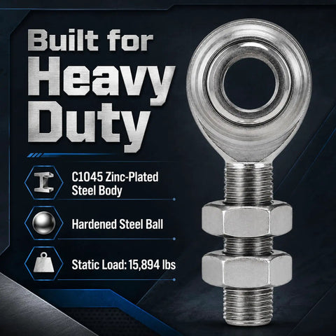 Three Quarter Inch Rod End Bearings Heim Joints Set Of Two With Right Hand Thread Sixteen Threads Per Inch Bore Zinc Plated Steel For Beefed Up Heavy Duty Linkages And Suspension, featuring zinc-plated steel body and hardened steel ball.