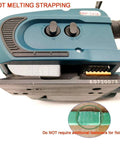 Close-up of Automatic Electric Strapping Machine With Hot Melt Welding Seal and Rechargeable Battery, showcasing controls and connection.