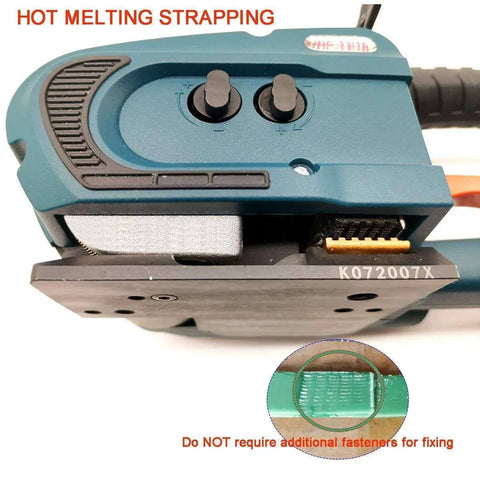 Close-up of Automatic Electric Strapping Machine With Hot Melt Welding Seal and Rechargeable Battery, showcasing controls and connection.