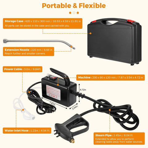 Ultra High Pressure Handheld Steam Cleaner For Auto Detailing And Home Use with storage case, extension nozzle, and power cable.