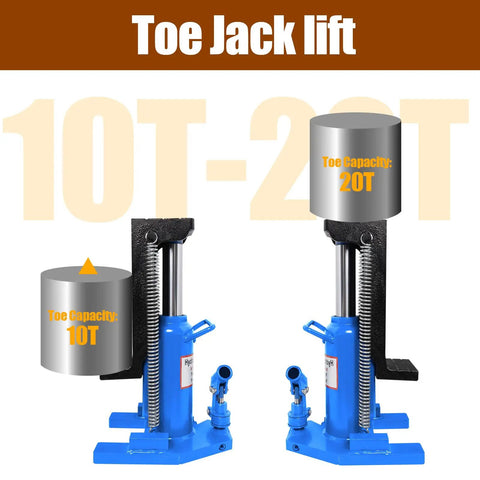 Heavy Duty Hydraulic Toe Jack 20 Ton Car Lift Rig With Heat Treated Steel Body, showing 10T and 20T capacities.