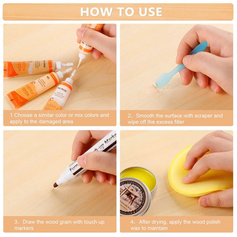 Step-by-step guide to using All In One Wood Repair Kit With 6 Oak Color Fillers, 6 Touch Up Markers, wood polish, and tools.