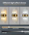 Gold Crystal Wall Sconce With Modern Vibe, Sleek Glass Rods And Stainless Steel Base showing light effects in warm, neutral, cool white