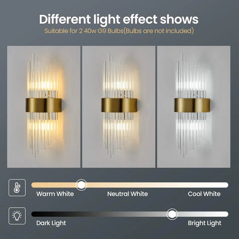 Gold Crystal Wall Sconce With Modern Vibe, Sleek Glass Rods And Stainless Steel Base showing light effects in warm, neutral, cool white