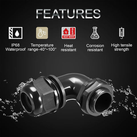 90 Degree M20 Cable Gland Adjustable 9 to 14mm Strain Relief Cord Connector With Nylon Joints And Gaskets IP68 Features