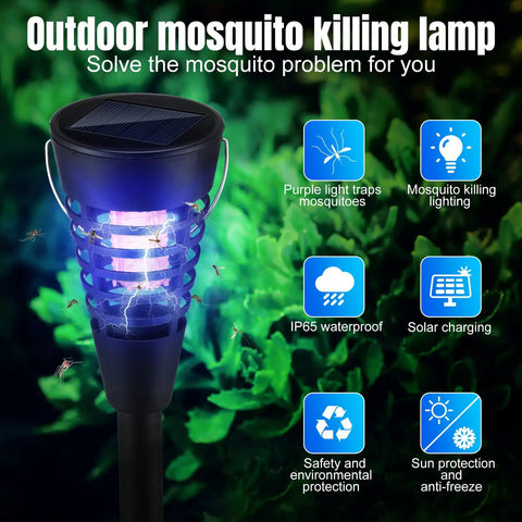 4 Pack Solar Mosquito Zapper And Cone Light Outdoor Bug Killer with purple and white lighting in garden setting