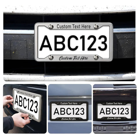Custom Aluminum License Plate Frame For Front Or Rear, Rust Proof Car Plate Holder In Black, Heavy Duty Exterior Auto Accessory With Screws, Built To Last, Sleek Universal Fit For Women And Men, Easy Install And Clean Look displayed on car.