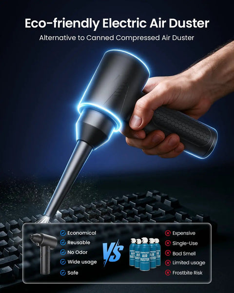 Rechargeable Brushless Air Duster With Bright Led Light And High Speed Fan For Instant Keyboard Laptop And Pc Cleaning being used on a keyboard.