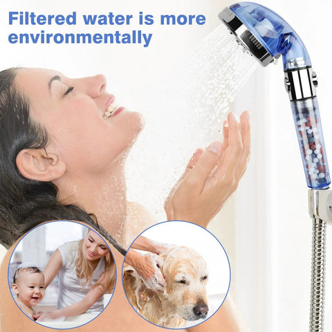 Woman using High Pressure Shower Head With Hose And Filtration Mineral Stone Beads For Strong Spray Water Saving RV Handheld