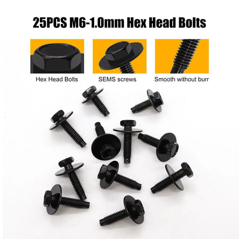 Universal Fender Liner Screws U Nut Kit M6-1.0 X 24mm With 10mm Hex Head U Clips, 25 black SEMS screws displayed