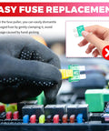 Person using Ultimate Auto Fuse Assortment Kit With Tester And Puller to replace a fuse in a vehicle fuse box.