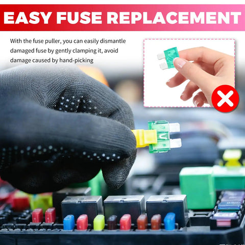 Person using Ultimate Auto Fuse Assortment Kit With Tester And Puller to replace a fuse in a vehicle fuse box.