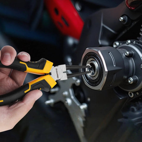 Heavy Duty Snap Ring Pliers Set, Four Piece Kit, 7 Inch Internal And External Circlip Pliers with Straight And Bent Jaw Options, 5/64 Inch Tip in use for removing ring from machinery, Chrome Vanadium Steel Construction.