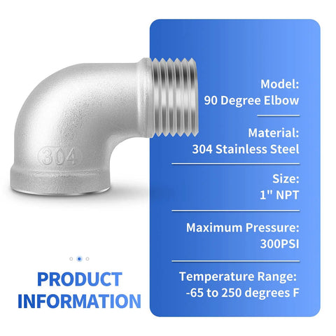 Five Pack 304 Stainless Steel 1 Inch NPT Male to 1 Inch NPT Female 90 Degree Pipe Elbow Fittings with specifications