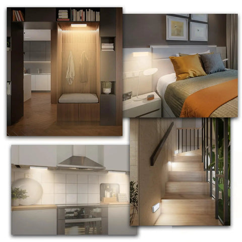 Five Pack USB Rechargeable LED Closet Lights With Motion Sensor And Remote, illuminating wardrobe, bedroom, kitchen, stairs.