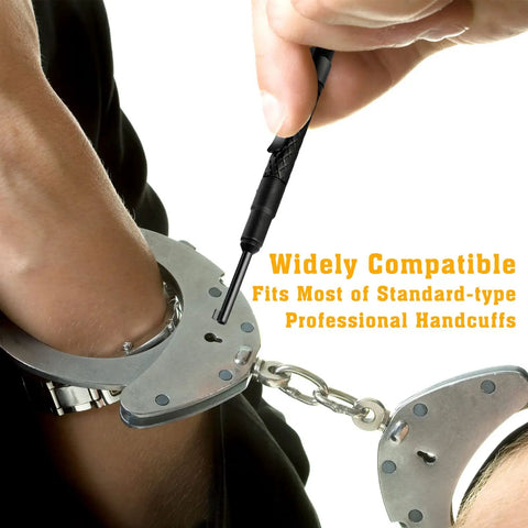 Handcuff being unlocked with Oversize Tactical Police Pocket Cuff Key With Black Finish Universal Handcuff Key Clip On Go To Design Durable Extendable