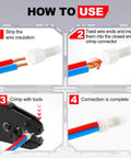 Installation steps for Closed End Crimp Wire Connectors 22-16 AWG, 100 Pcs Copper Core Tin Plated Nylon Covered Splice Caps.