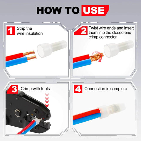 Installation steps for Closed End Crimp Wire Connectors 22-16 AWG, 100 Pcs Copper Core Tin Plated Nylon Covered Splice Caps.