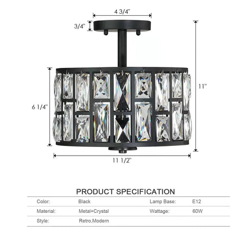 Farmhouse Crystal Round Semi Flush Mount Light With Drum Shade Black Finish 3 Light Ceiling Lamp product specifications