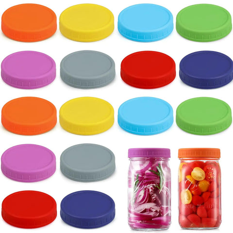 Hella Versatile Wide Mouth Mason Jar Lids 16 Pack Dope Colored Plastic Caps For Ball And Kerr Canning Jars Featuring Legit Leak Proof Food Grade Storage Covers That Make Your Pantry Pop