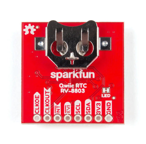 Precision RV8803 Real Time Clock Qwiic Board with battery holder and pin labels, showcasing its compact design and connection points.