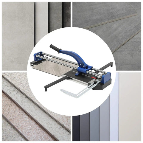 24Inch Heavy Duty Manual Tile Cutter For Porcelain And Ceramic Slabs Featuring Tungsten Alloy Score Wheel in action with various tiles.