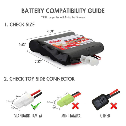 Beefed-Up 9.6V NiMH RC Battery Pack guide with size and Tamiya connectors, dimensions 4.09x2.32 inches, 8-cell 2000mAh.
