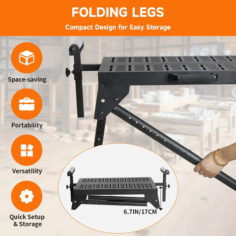 Folding legs on Boss Level Miter Saw Stand With Smooth Extension Rollers, designed for easy storage and portability.