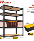 Heavy Duty 2250 Lb 5 Tier Garage Storage Shelves With Adjustable Metal Utility Rack, 72H x 35.56W x 16D, black with tote box