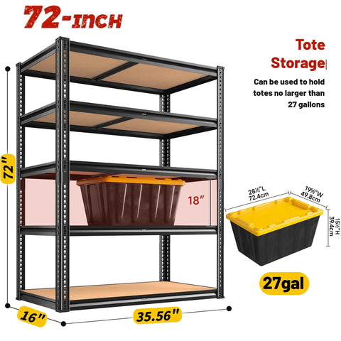 Heavy Duty 2250 Lb 5 Tier Garage Storage Shelves With Adjustable Metal Utility Rack, 72H x 35.56W x 16D, black with tote box