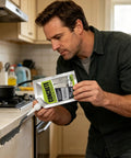 Man using Rock Solid Concrete Crack Filler Fast Setting Blend for repairs on countertop, showing flexible waterproof seal.