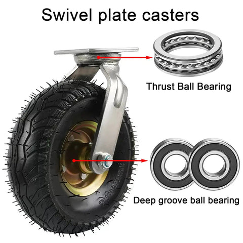 Two Pack Pneumatic Rubber Wheel Casters With Swivel And Fixed Steel Brackets featuring thrust and deep groove ball bearings.
