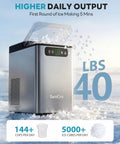 Top Shelf Countertop Nugget Ice Maker Crushing 40 Pounds Of Soft Chewable Ice Daily With Lightning Fast Five Minute Batches, showing production and output details.