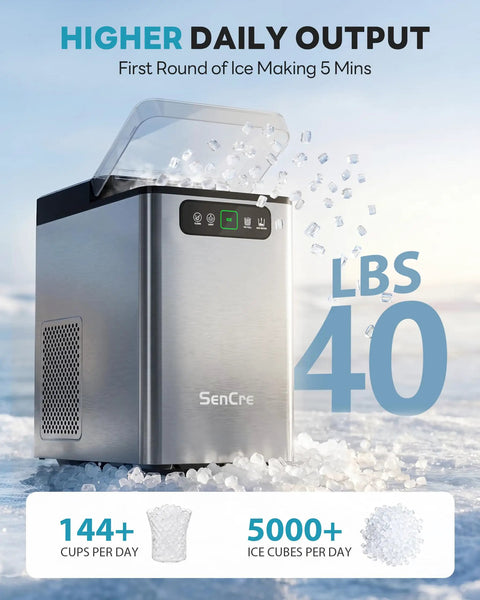 Top Shelf Countertop Nugget Ice Maker Crushing 40 Pounds Of Soft Chewable Ice Daily With Lightning Fast Five Minute Batches, showing production and output details.