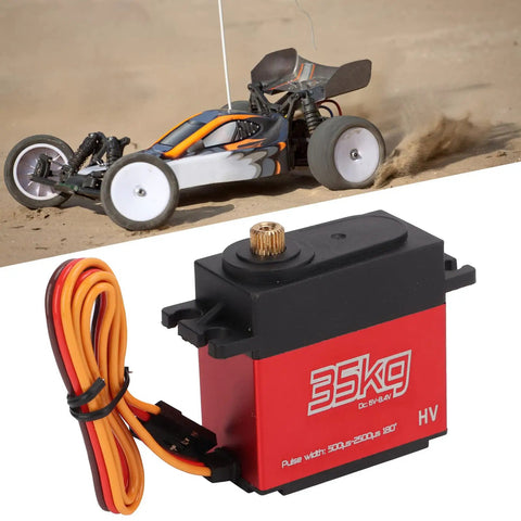 Badass High Torque Coreless Motor Servo Crafted From Tough Aluminum Alloy Housing With Precision Potentiometer And High Resolution Digital Control Chip For Hella Rad Radio Control Steering next to a remote control car in motion.