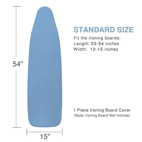Ironing Board Cover And Pad For Standard Size 13 To 15 Inch Wide And 53 To 54 Inch Long Thick Padding With Elastic Edge And Silicone Coating Resists Scorching Adjustable Fastener Heavy Duty Padded Ironing Board Cover In Blue showing measurements