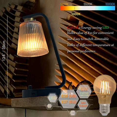 Amber Glass Bedside Lamps Set of 2 For Bedroom With USB Port, Dimmable Nightstand Lights In Vintage Brown Industrial Farmhouse Style, LED bulbs